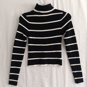 FCT WITH LOVE Turtleneck Sweater Womens Medium Black White Striped Knit Cropped